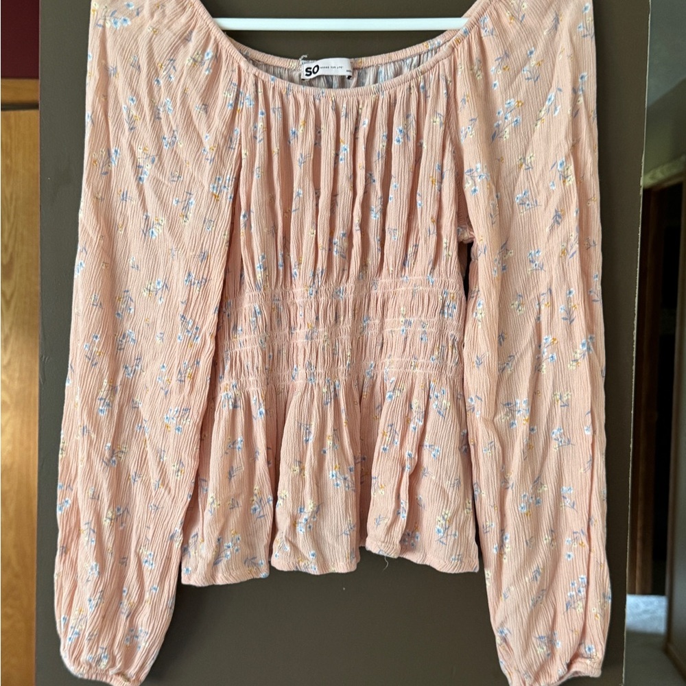 SO Pink Smocked Ruffled Long Sleeve Blouse